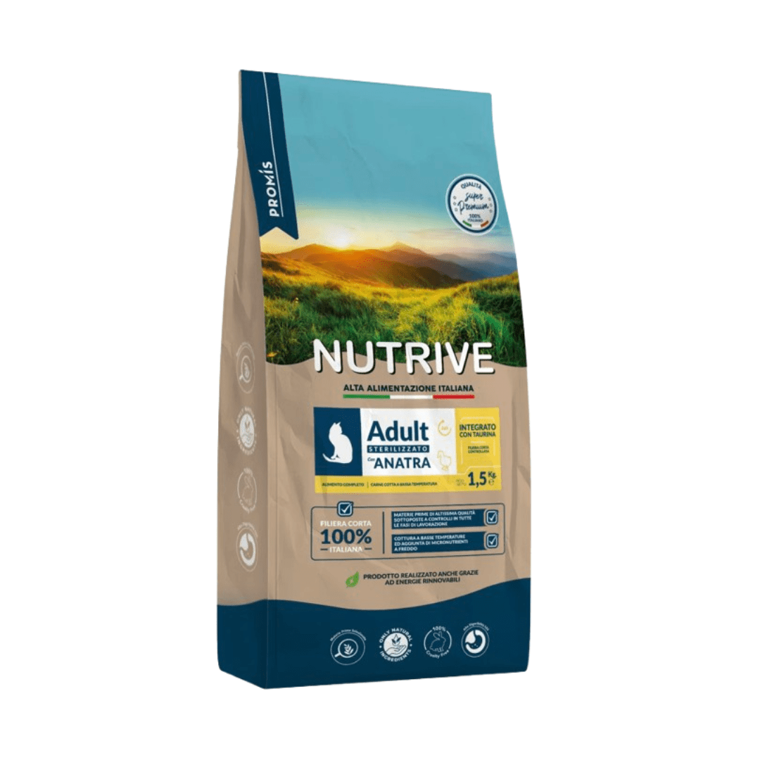 GATTO DRY STERILIZZATO ANATRA - Nutrive 1.5kg - Zampe in Movimento
